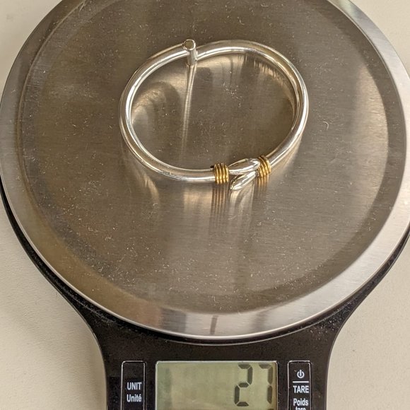 Taxco 27g Sterling Clamper Bypass Bracelet w Brass Detail. Optional 3/4" Hoops - Picture 12 of 14